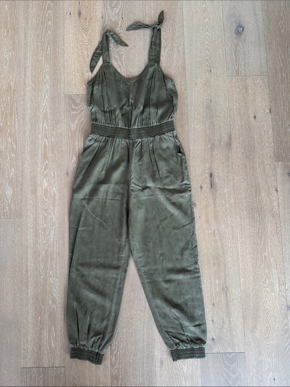 Express Olive Tie-Shoulder Jumpsuit. Size Medium.